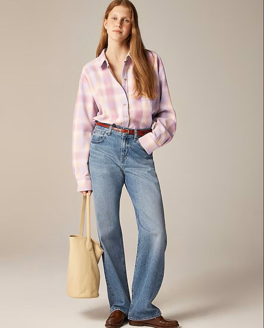 J.Crew Relaxed Button Up Shirt Womens XXL Pink Yellow Plaid Flannel Long Sleeve